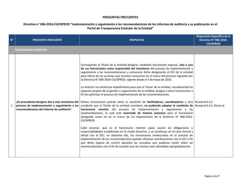 PREGUNTAS FRECUENTES Directiva N° 006-2016