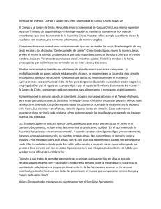 Mensaje del Párroco, Cuerpo y Sangre de Cristo, Solemnidad de