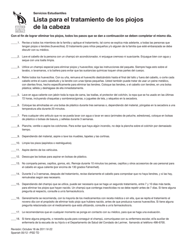 Lista para el tratamiento de los piojos de la cabeza