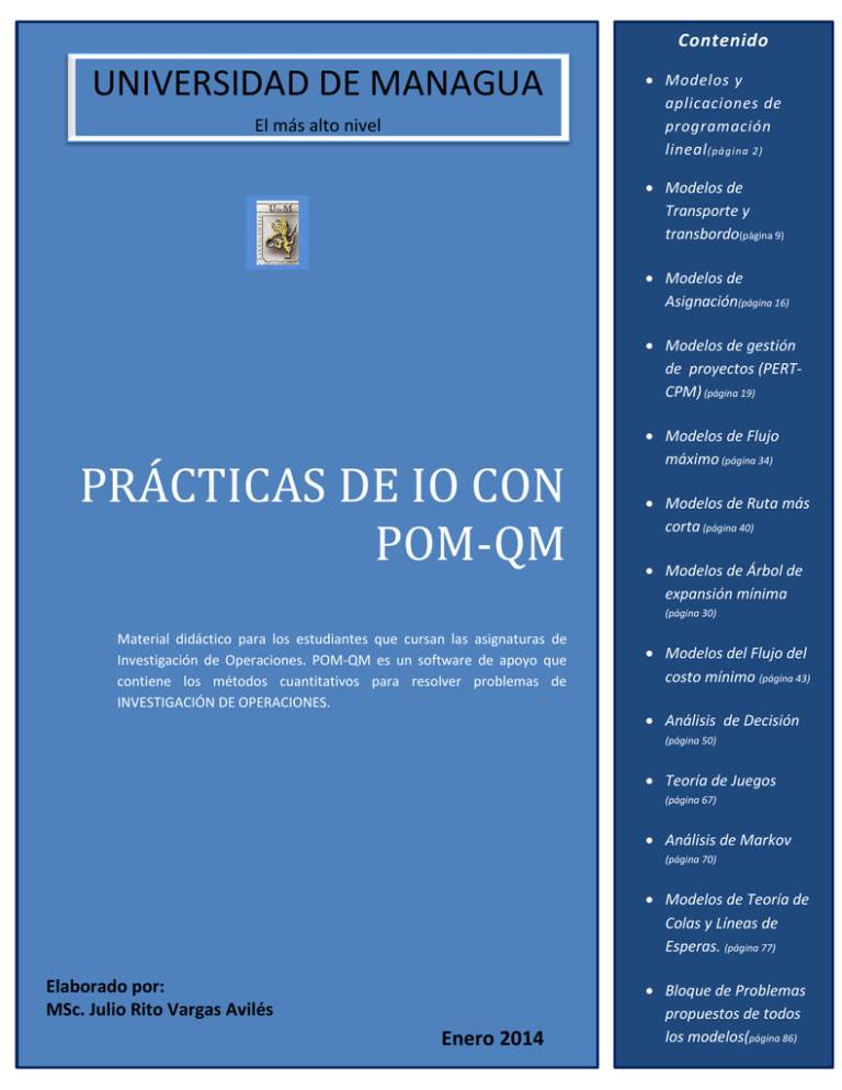 Prácticas De IO Con POM-QM - MSc. Ing. Julio Rito Vargas Avilés