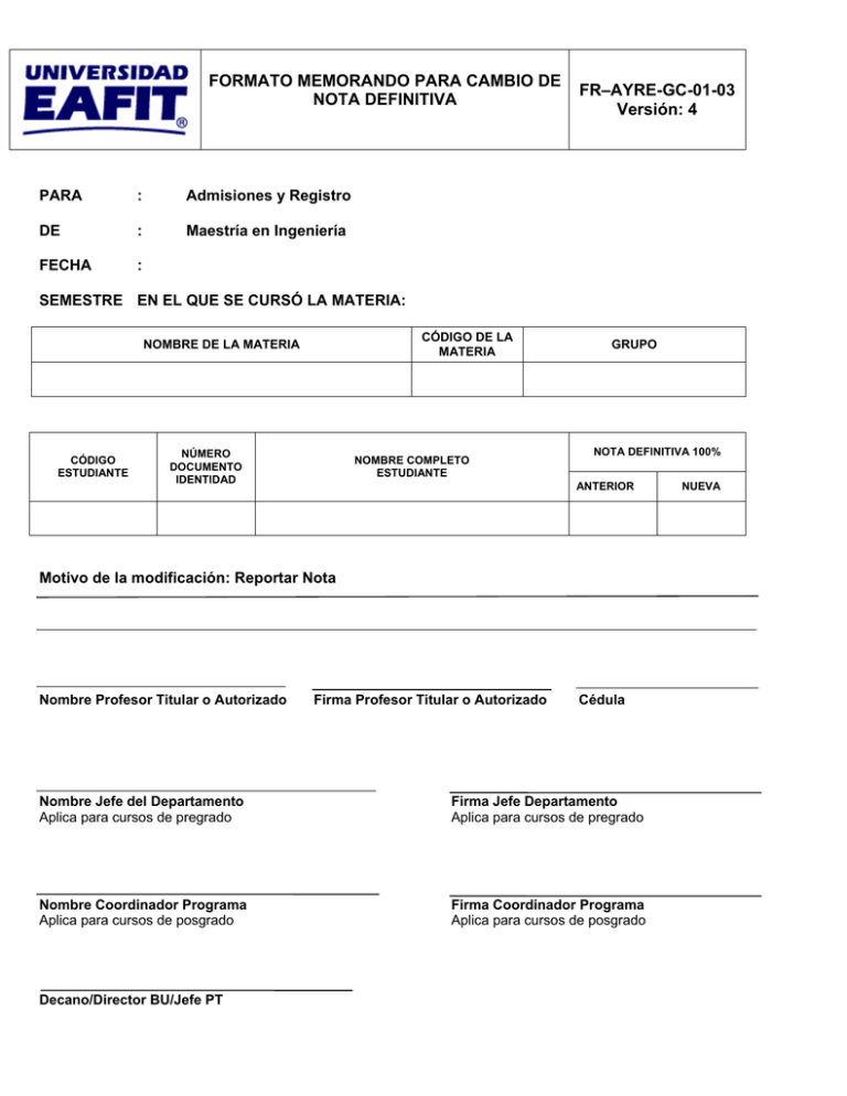 FORMATO MEMORANDO PARA CAMBIO DE NOTA DEFINITIVA