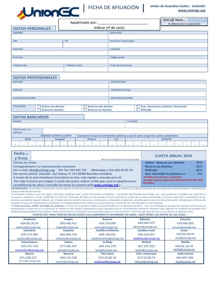 Ficha De Afiliación - Unión De Guardias Civiles