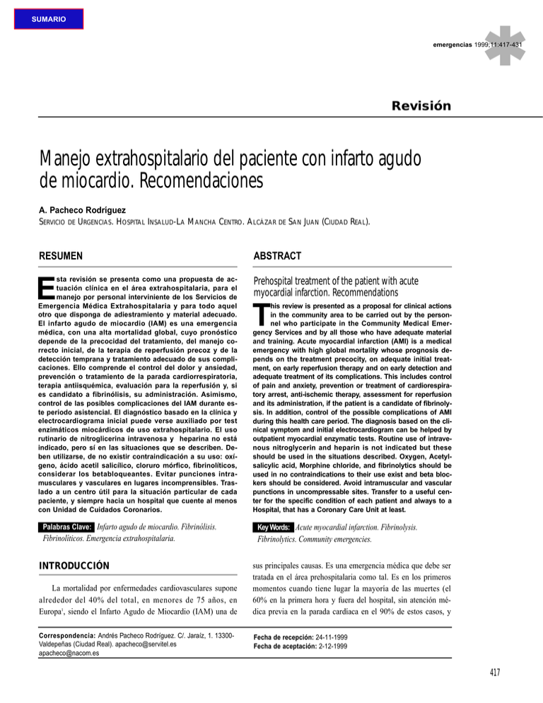 Manejo Extrahospitalario Del Paciente Con Infarto Agudo De