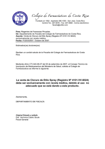 La venta de Cloruro de Etilo Spray (Registro Nº 4101-VV
