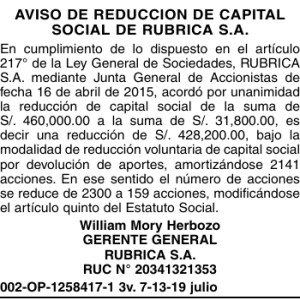 aviso de reduccion de capital social de rubrica sa