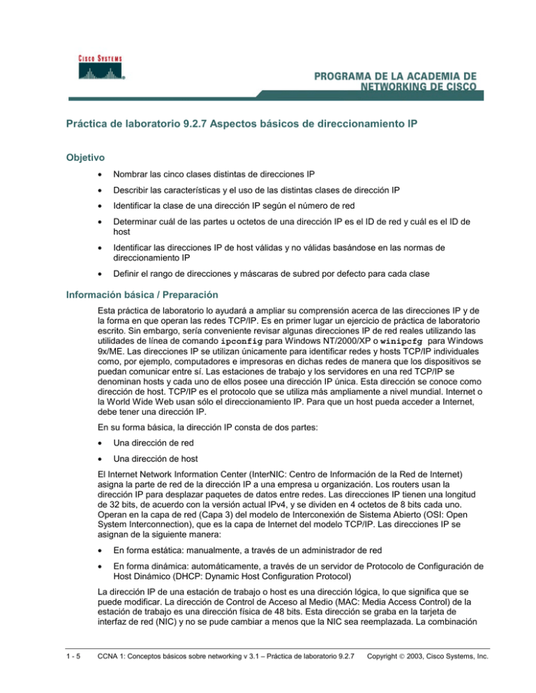 Práctica De Laboratorio 9.2.7 Aspectos Básicos De Direccionamiento IP