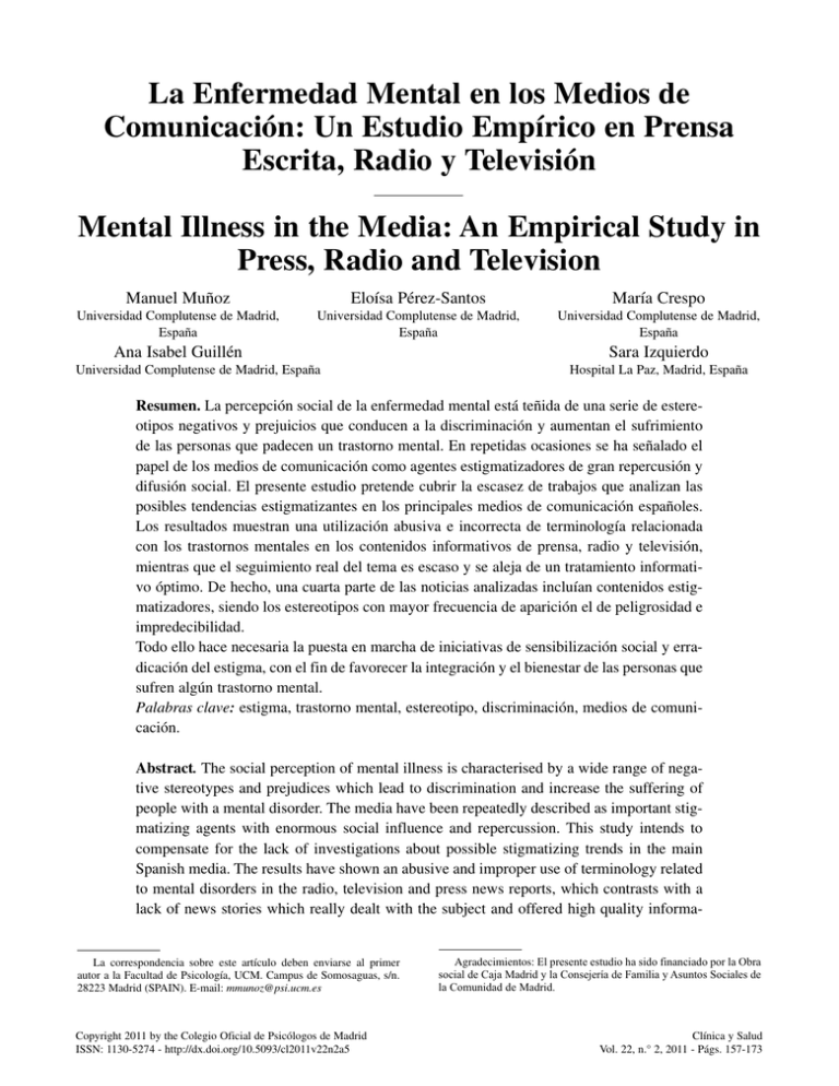 La Enfermedad Mental En Los Medios De Comunicación: Un Estudio