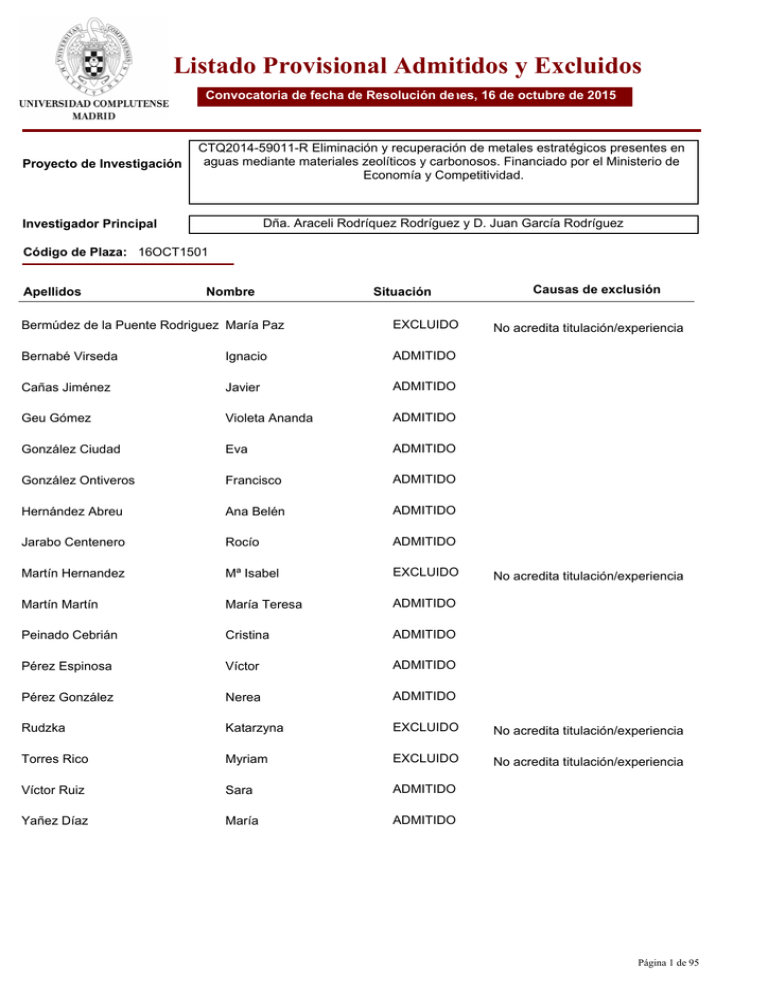 Lista Provisional De Admitidos Y Excluidos