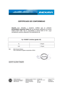 Certificado de Conformidad: Nitrógeno Industrial Grado 4.5 INDURA