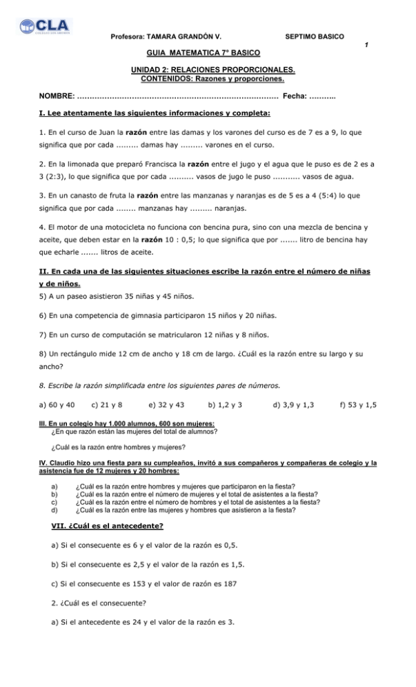 Guia Matematica 7º Básico 2014 1octubre Proporciones 3289