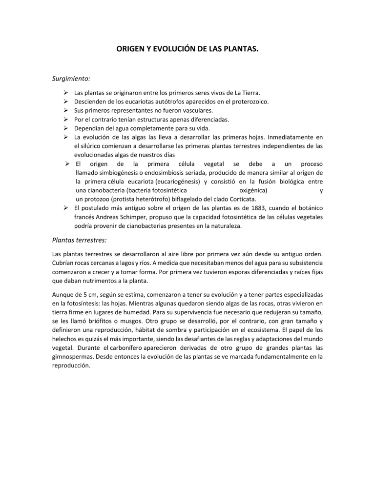 ORIGEN Y EVOLUCIÓN DE LAS PLANTAS
