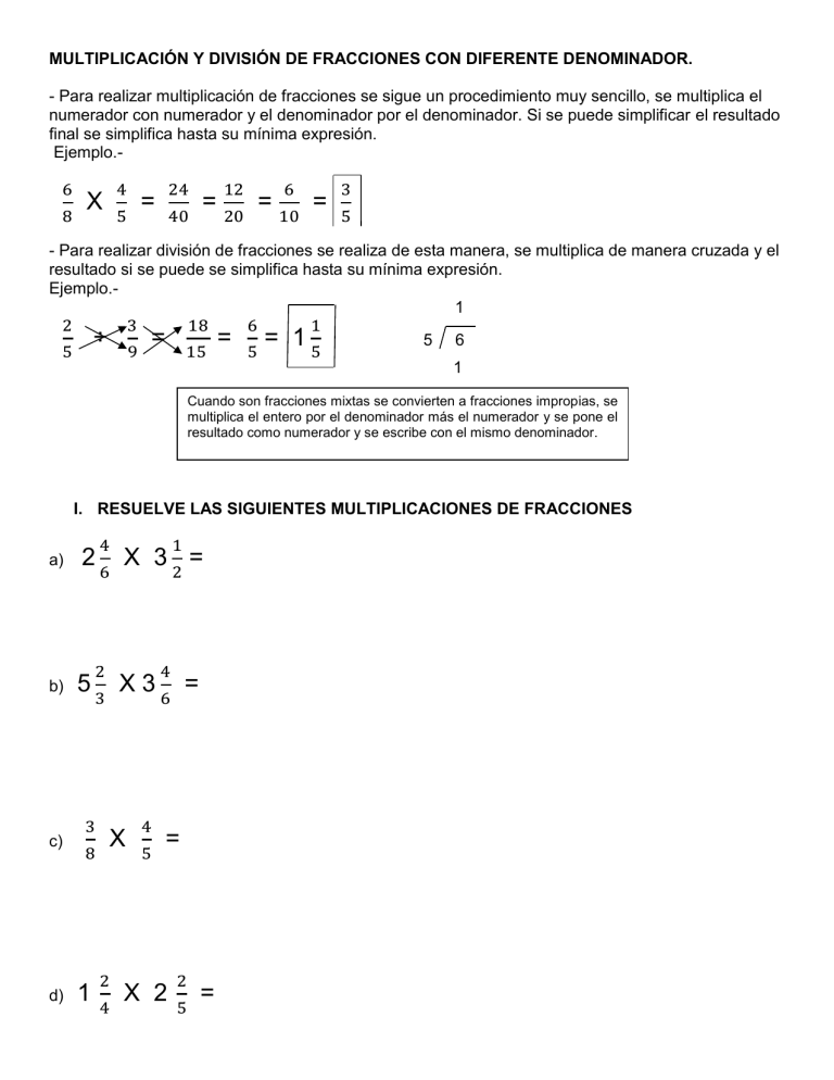 Multiplicaci N Y Divisi N De Fracciones Con Diferente Denominador