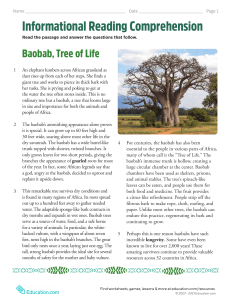 Baobab Tree Reading Comprehension Worksheet