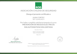 Certificado Prevención Riesgos Eléctricos ACHS - Juan Cortez